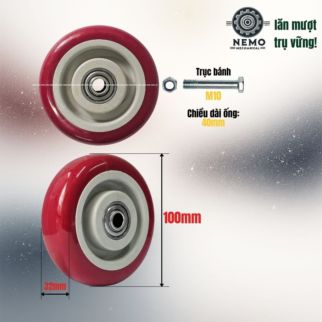 Bánh Xe Rời Đỏ Mận (Nhựa PVC) - Có Bạc Đạn, Chịu Tải Cao (D75, D100, D125)